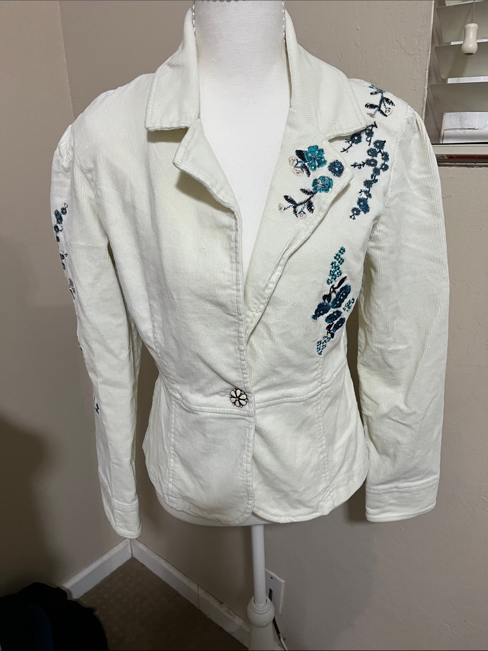 Y2K Live a Little Cream Blazer with Teal Floral Embroidery